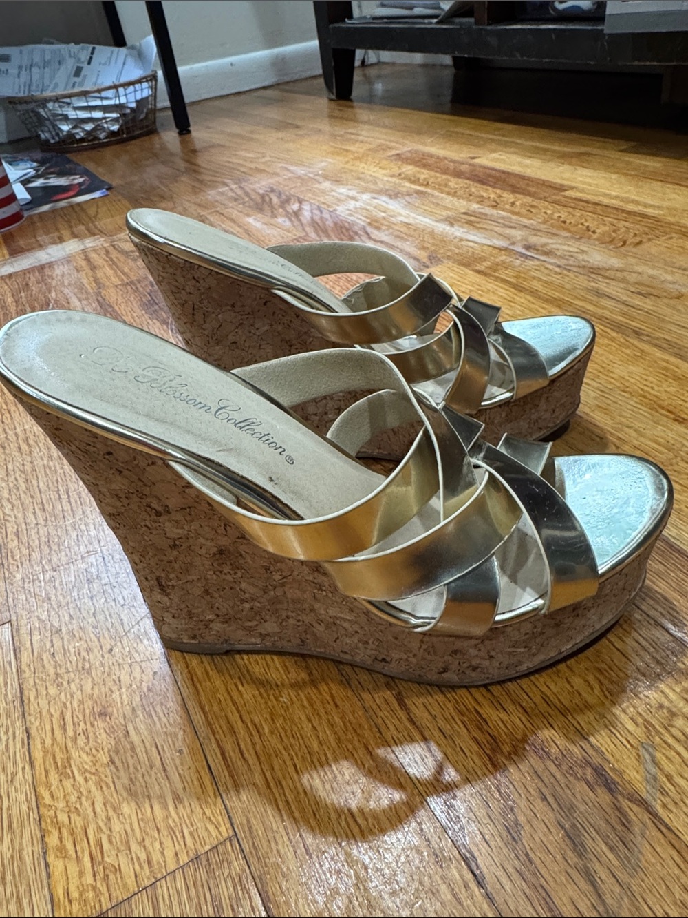 Gold Wedge Sandals with Cork Platform -